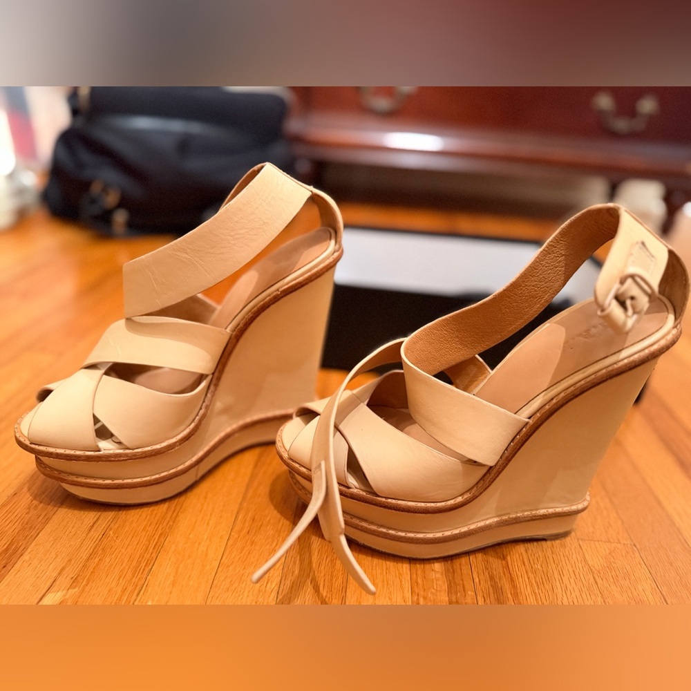 L.A.M.B. Angela Nude Sandal Heel LAMB Pump Platform Leather Wedge Peep
